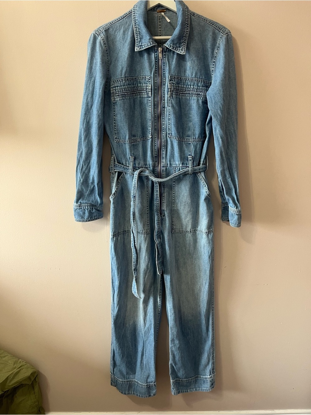 Free People Light Blue Denim Utility Jumpsuit with Waist Tie